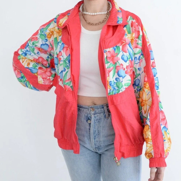 Vintage Lavon 90's 'Neon Coral & Floral Nylon Zip Up  Windbreaker Jacket L - Picture 1 of 11